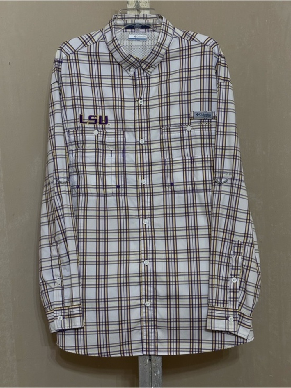 Columbia PFG LSU Tigers Plaid Fishing Shirt Purple Gold Preppy Game Day Southern